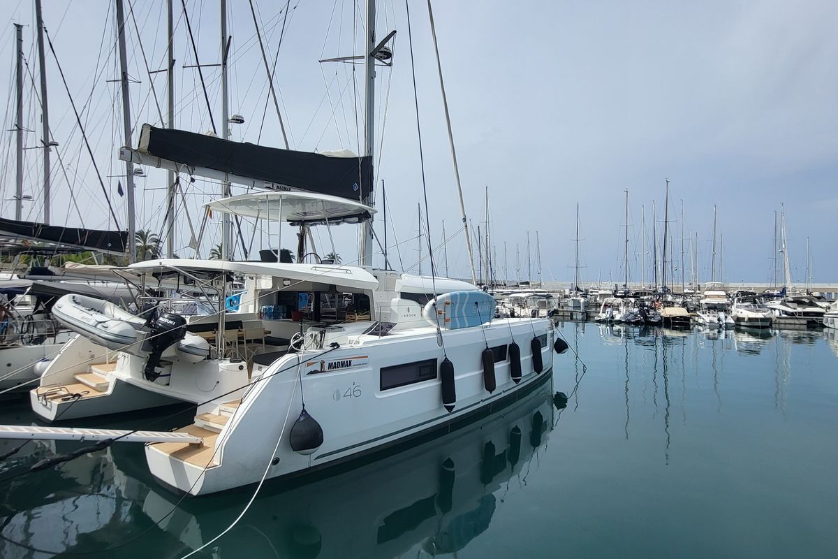 Exterior view of Blue Moon, a Lagoon 46 catamaran at Capo d'Orlando, Italy