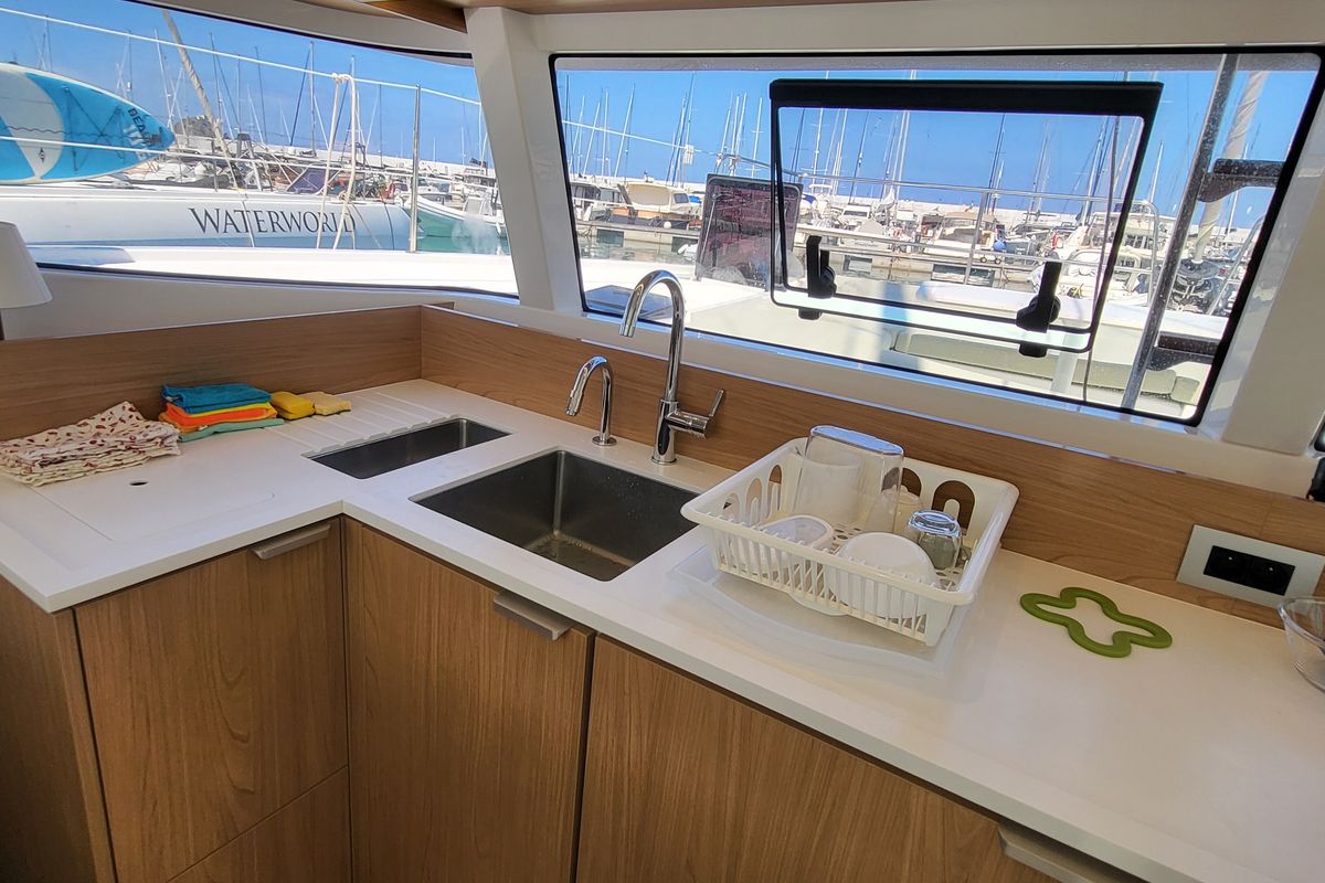 Galley of Blue Moon, a Lagoon 46 catamaran at Capo d'Orlando, Italy