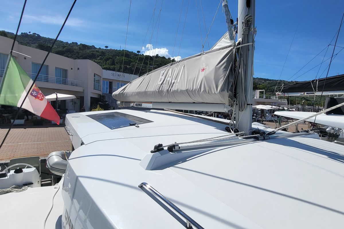 Deck of Blue Moon, a Lagoon 46 catamaran at Capo d'Orlando, Italy