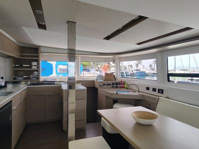 Salon of Blue Moon, a Lagoon 46 catamaran at Capo d'Orlando, Italy