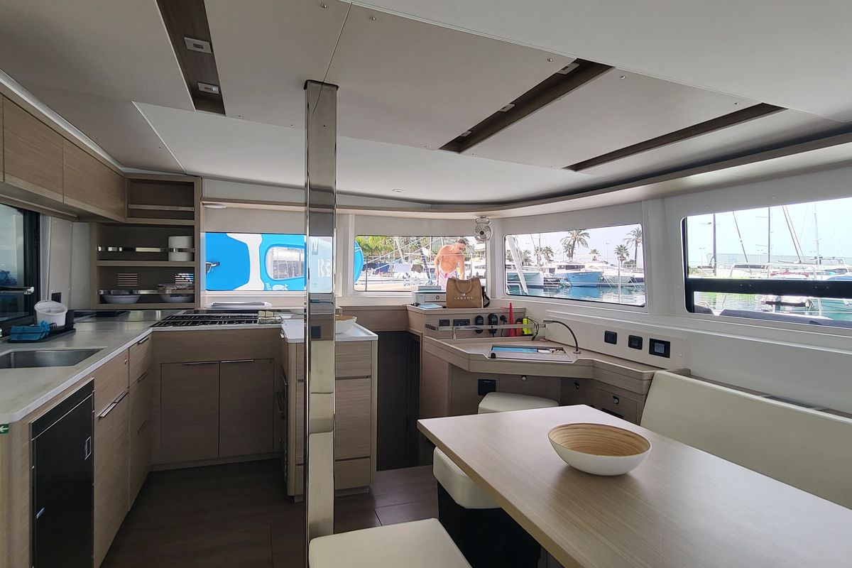 Salon of Blue Moon, a Lagoon 46 catamaran at Capo d'Orlando, Italy