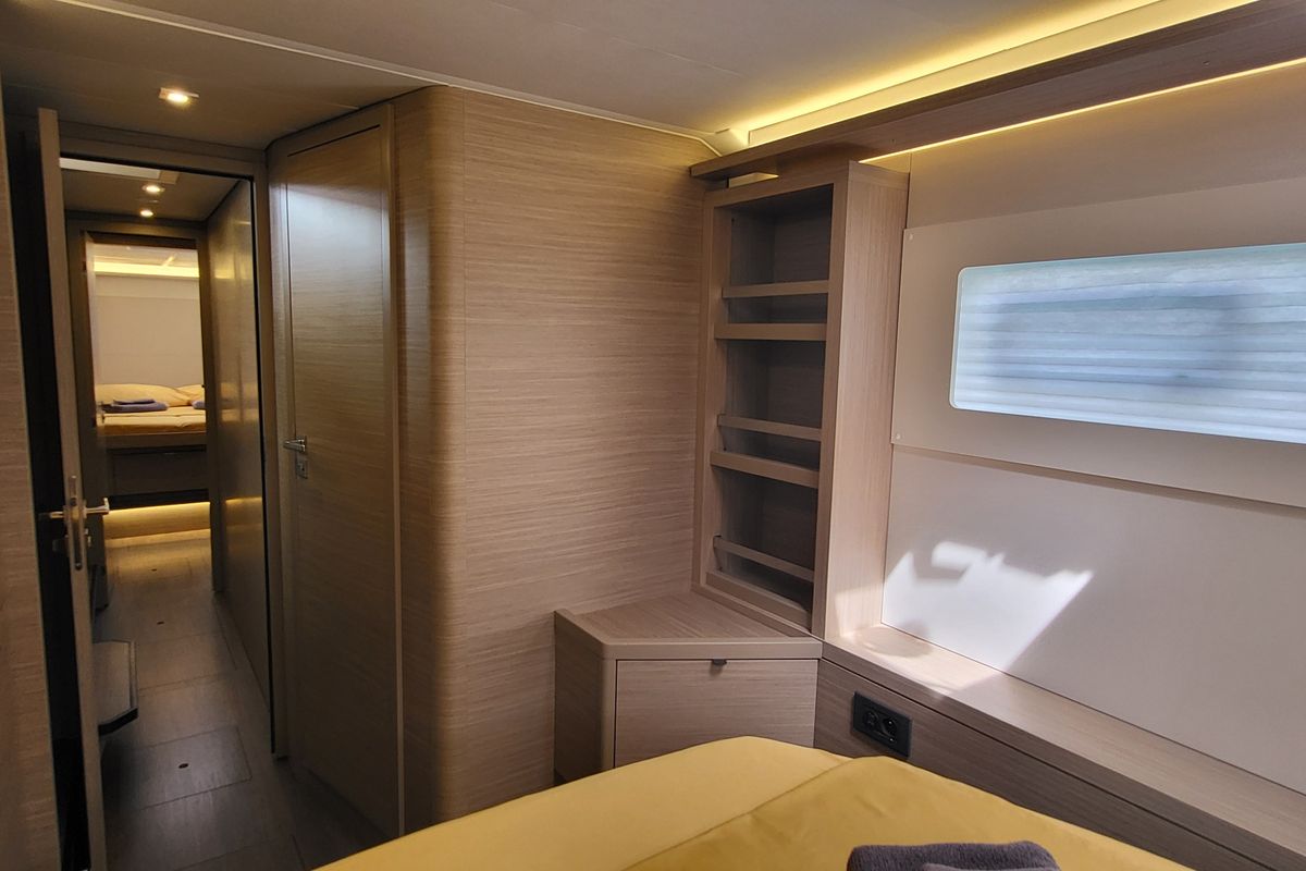 Cabin on Blue Moon, a Lagoon 46 catamaran at Capo d'Orlando, Italy
