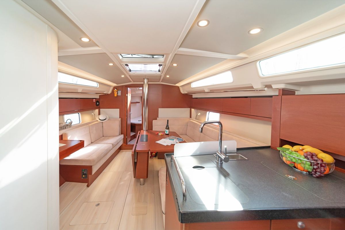 Salon of Azur, a Hanse Yachts Hanse 418 sailboat at Lavreotiki Municipal Unit, Greece