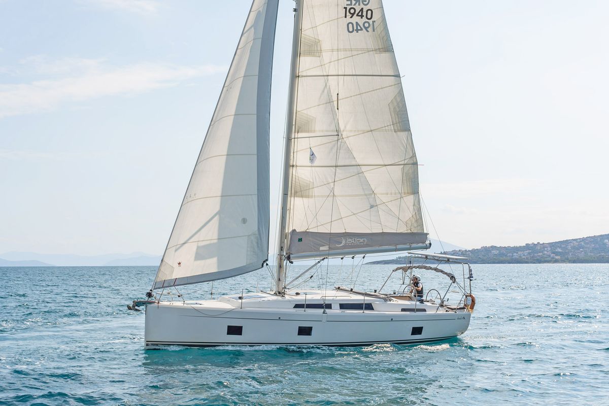 Exterior view of Azur, a Hanse Yachts Hanse 418 sailboat at Lavreotiki Municipal Unit, Greece