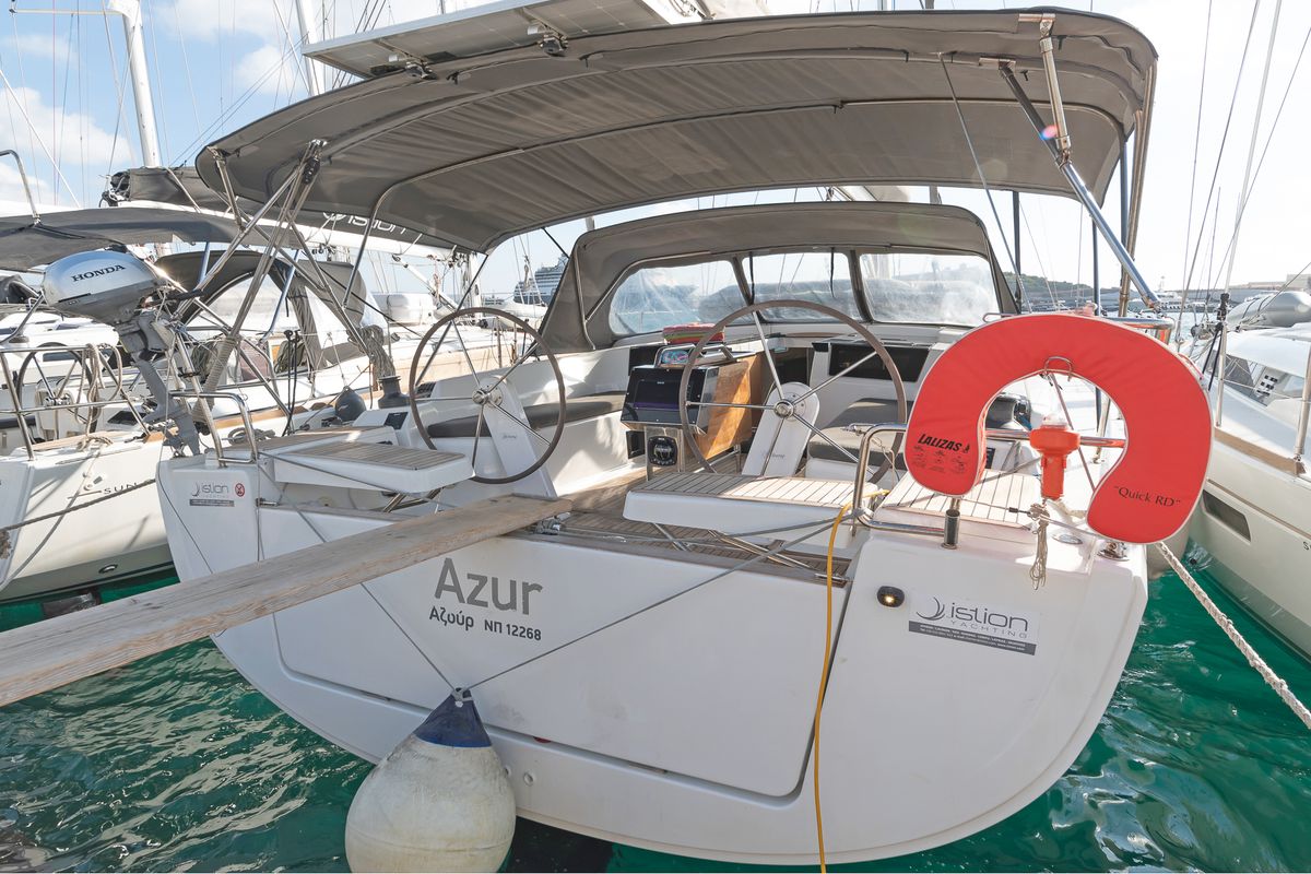 Deck of Azur, a Hanse Yachts Hanse 418 sailboat at Lavreotiki Municipal Unit, Greece
