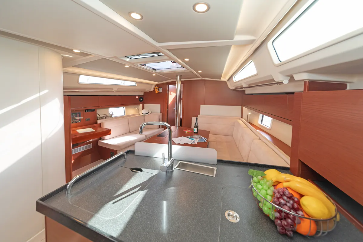 Galley of Azur, a Hanse Yachts Hanse 418 sailboat at Lavreotiki Municipal Unit, Greece
