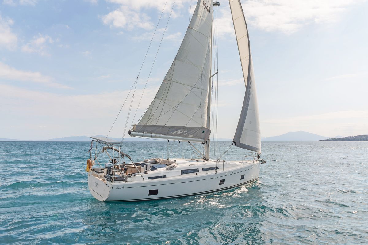 Exterior view of Azur, a Hanse Yachts Hanse 418 sailboat at Lavreotiki Municipal Unit, Greece