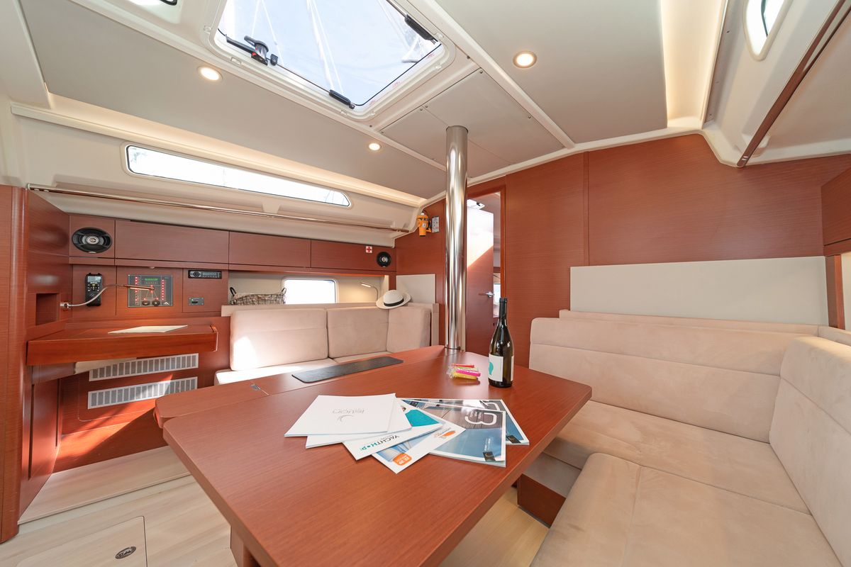 Salon of Azur, a Hanse Yachts Hanse 418 sailboat at Lavreotiki Municipal Unit, Greece