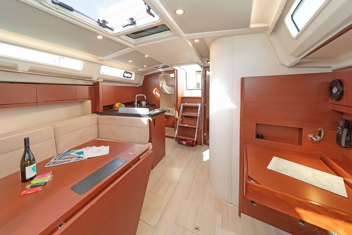 Salon of Azur, a Hanse Yachts Hanse 418 sailboat at Lavreotiki Municipal Unit, Greece