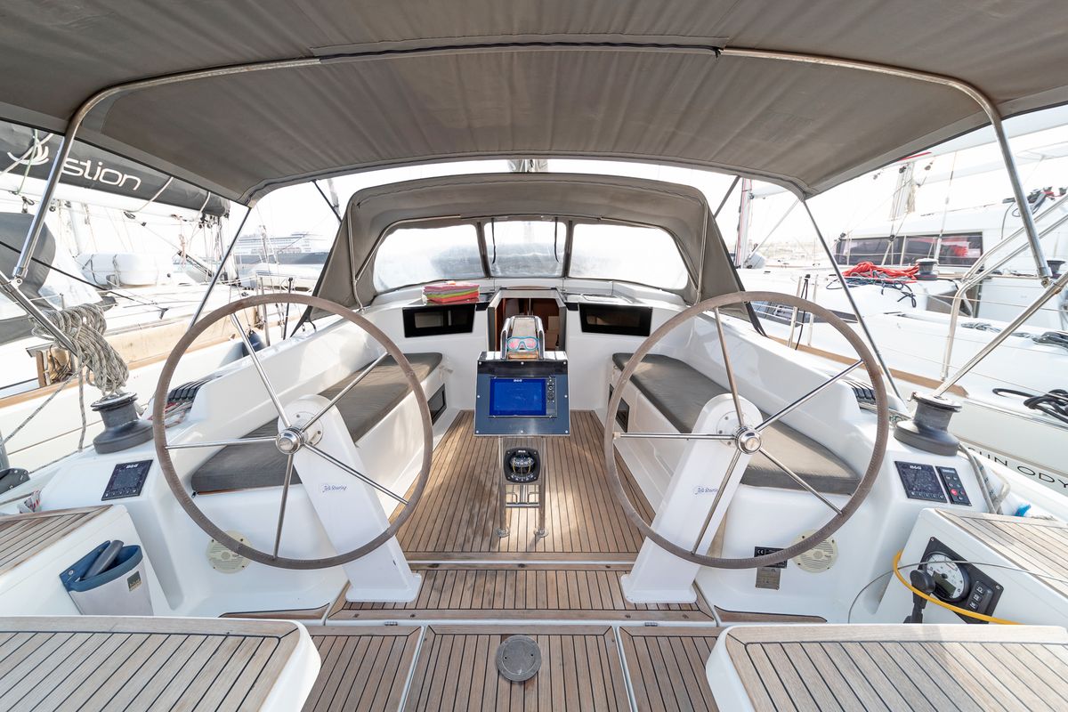 Cockpit of Azur, a Hanse Yachts Hanse 418 sailboat at Lavreotiki Municipal Unit, Greece