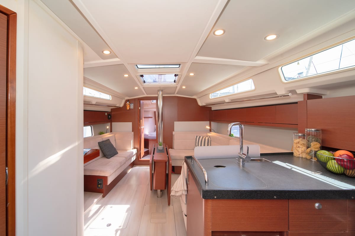 Salon of Azur, a Hanse Yachts Hanse 418 sailboat at Lavreotiki Municipal Unit, Greece