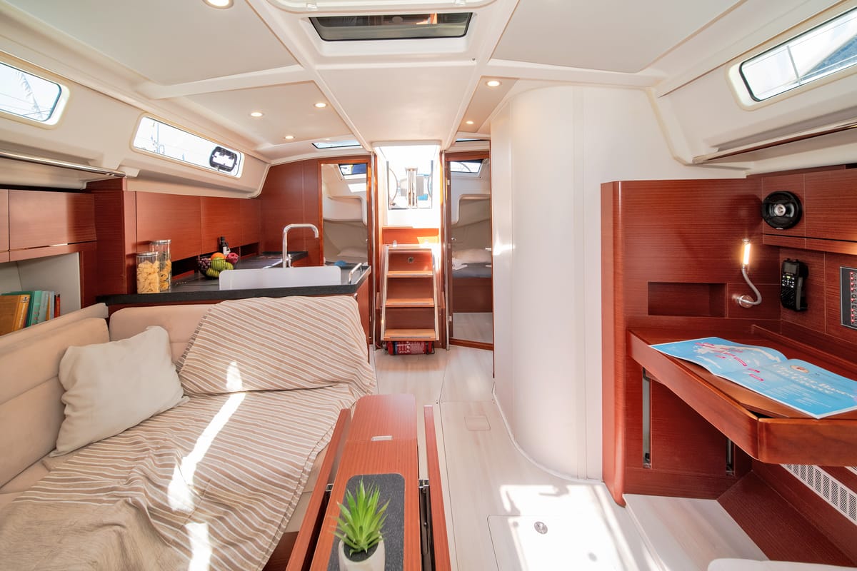 Salon of Azur, a Hanse Yachts Hanse 418 sailboat at Lavreotiki Municipal Unit, Greece