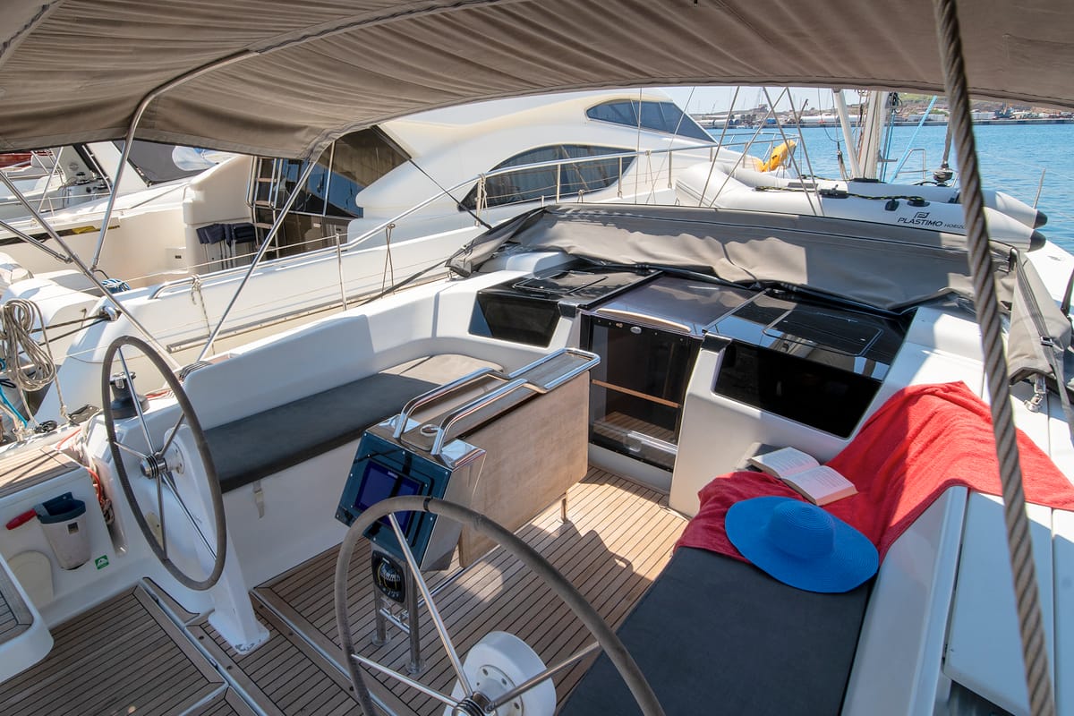Exterior view of Azur, a Hanse Yachts Hanse 418 sailboat at Lavreotiki Municipal Unit, Greece