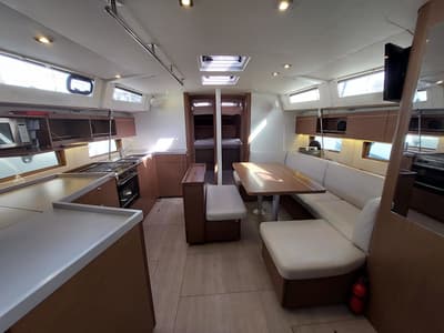 Salon of Kalmi, a Beneteau Oceanis 46.1 sailboat at Lavreotiki Municipal Unit, Greece