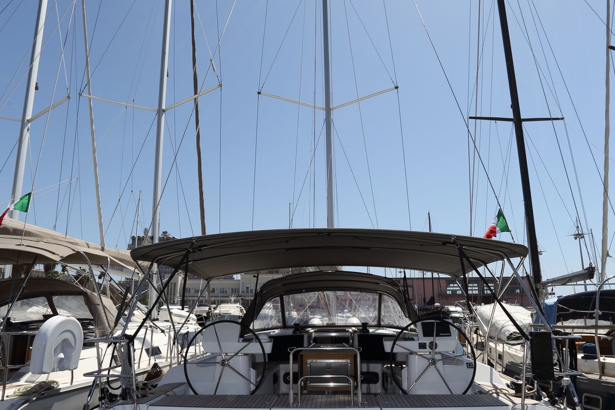 Cockpit of Cala di Volpe, a Dufour 520 Grand Large sailboat at Cagliari, Italy
