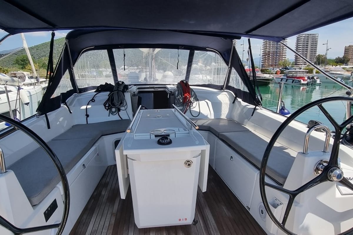 Cockpit of Leo, a Beneteau Oceanis 40.1 sailboat at Olbia, Italy