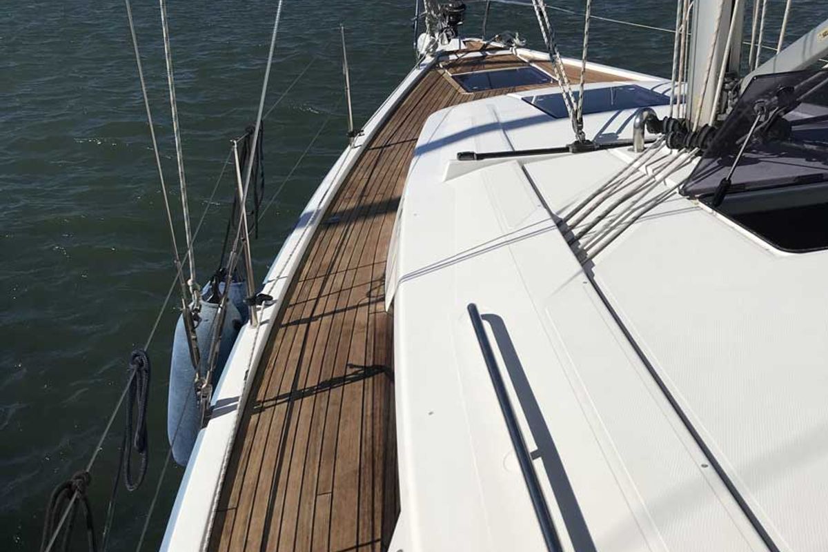 Deck of Alkyoni, a Hanse Yachts Hanse 385 sailboat at Sami Municipal Unit, Greece