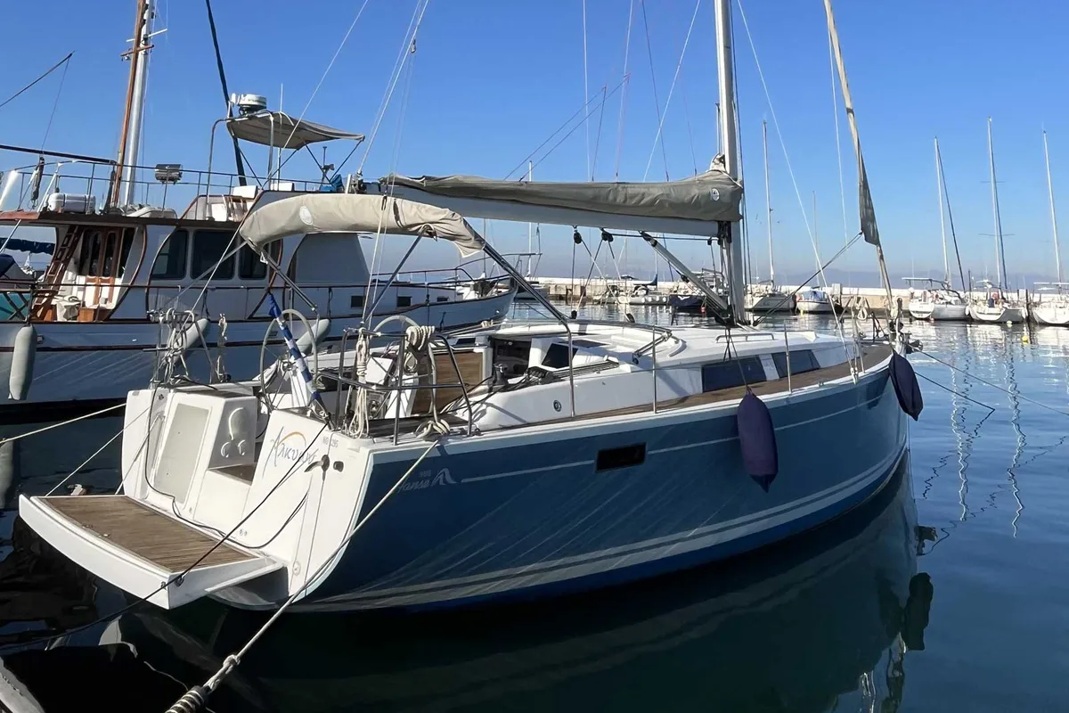 Exterior view of Alkyoni, a Hanse Yachts Hanse 385 sailboat at Sami Municipal Unit, Greece