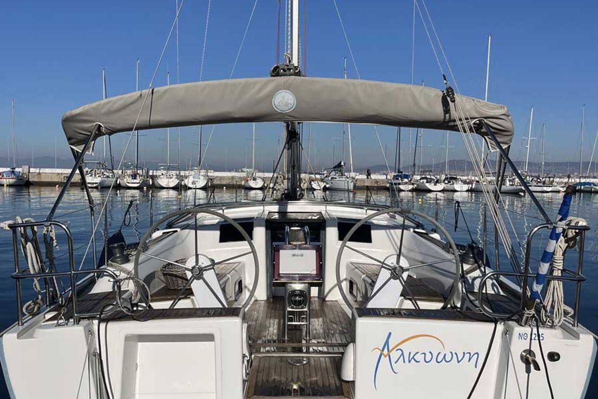 Cockpit of Alkyoni, a Hanse Yachts Hanse 385 sailboat at Sami Municipal Unit, Greece