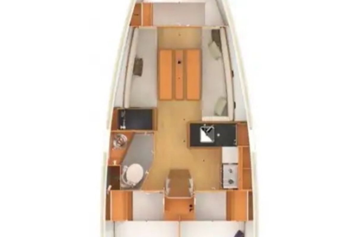 Floor plan of Kora, a Jeanneau Sun Odyssey 349 sailboat at Punat, Croatia