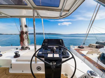 Cockpit of Zara, a Sunreef Yachts Sunreef 50 catamaran at Grad Kaštela, Croatia
