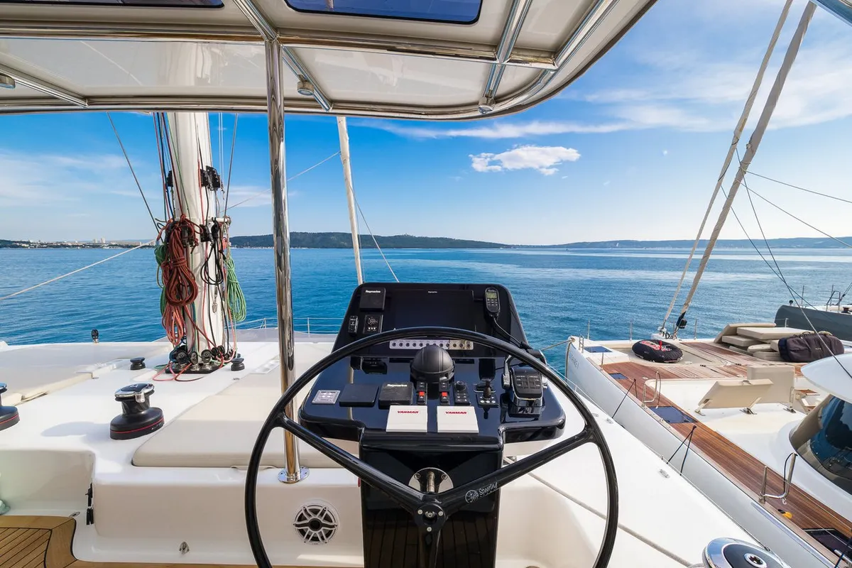 Cockpit of Zara, a Sunreef Yachts Sunreef 50 catamaran at Grad Kaštela, Croatia