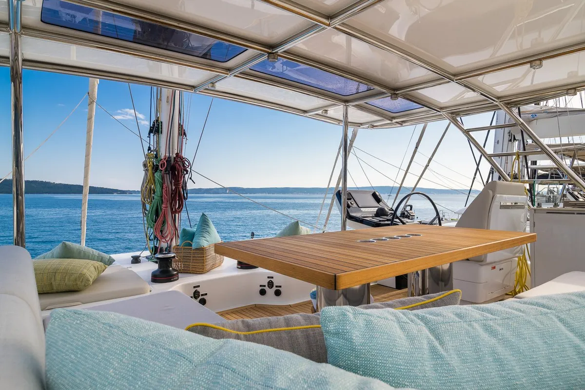 Deck of Zara, a Sunreef Yachts Sunreef 50 catamaran at Grad Kaštela, Croatia