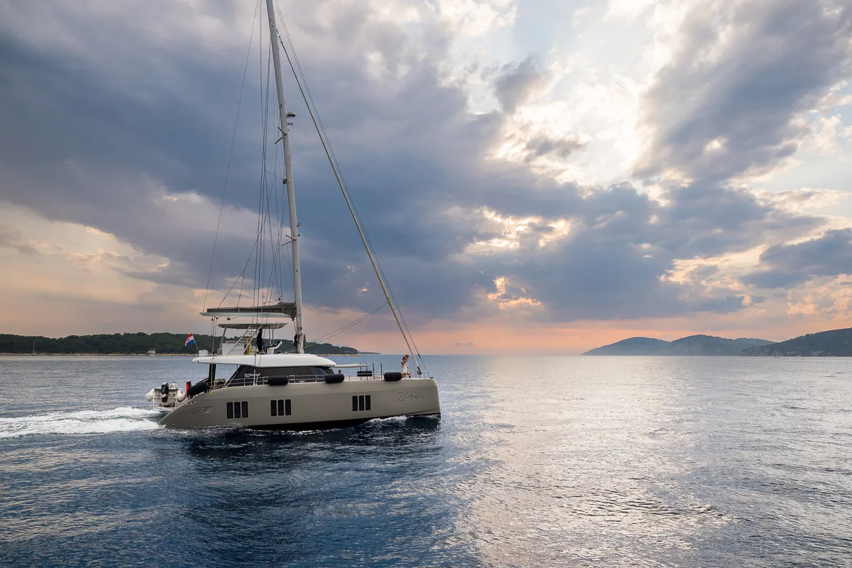 Exterior view of Zara, a Sunreef Yachts Sunreef 50 catamaran at Grad Kaštela, Croatia