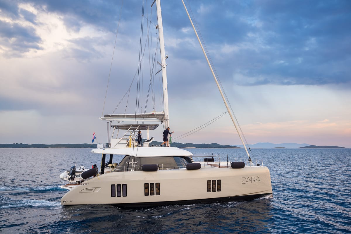 Exterior view of Zara, a Sunreef Yachts Sunreef 50 catamaran at Grad Kaštela, Croatia