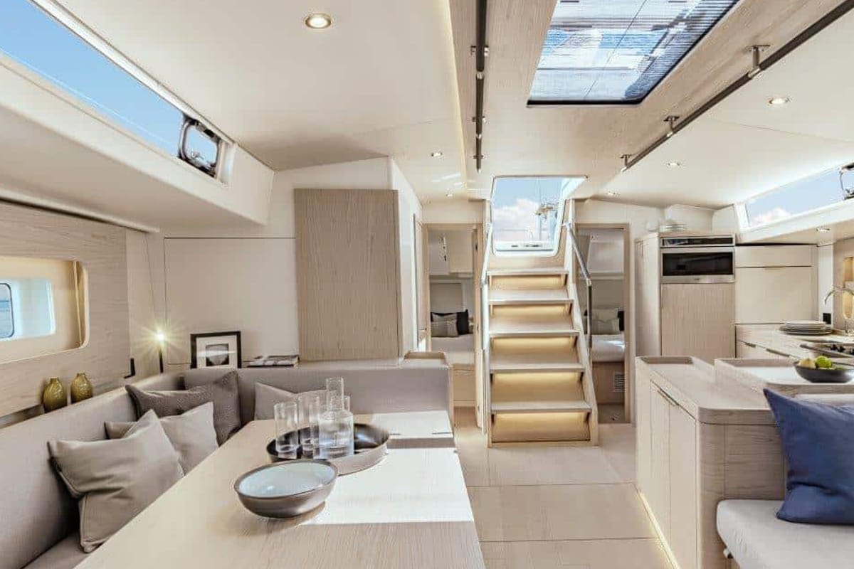 Salon of Philia, a Beneteau Oceanis 54 sailboat at es Jonquet, Spain