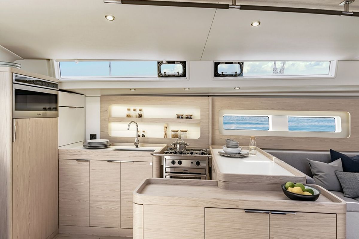 Galley of Philia, a Beneteau Oceanis 54 sailboat at es Jonquet, Spain