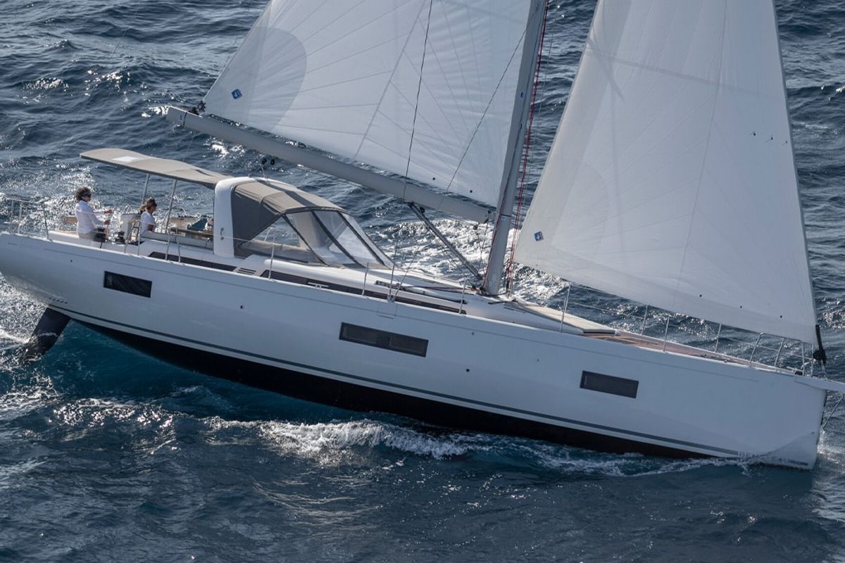 Exterior view of Philia, a Beneteau Oceanis 54 sailboat at es Jonquet, Spain
