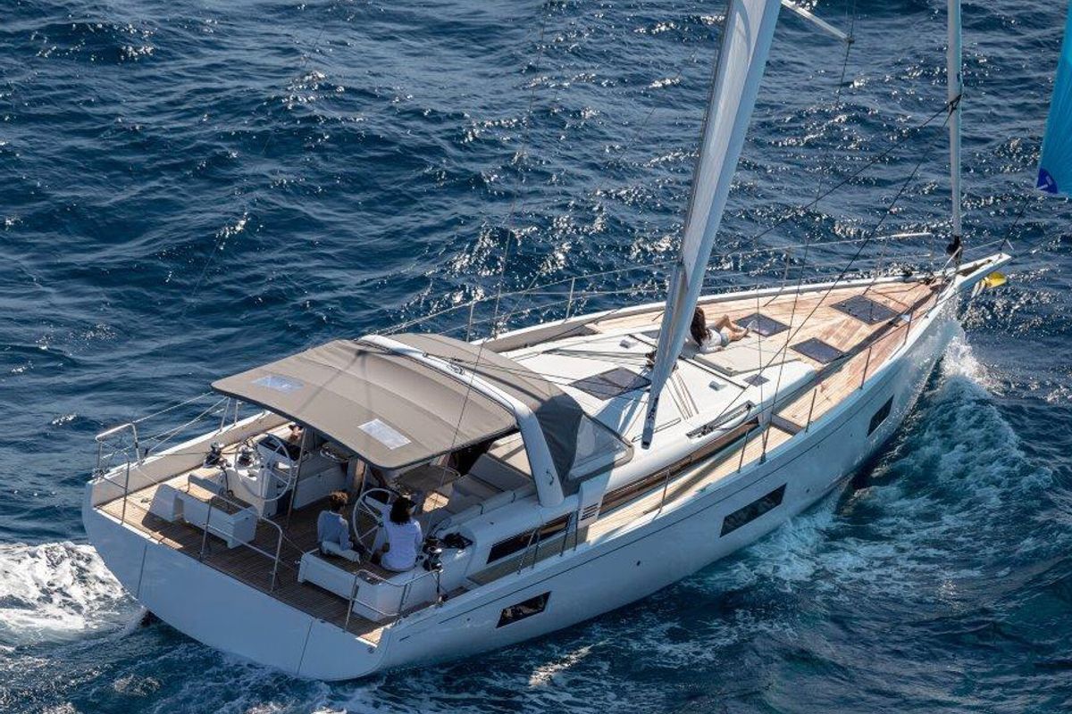 Exterior view of Philia, a Beneteau Oceanis 54 sailboat at es Jonquet, Spain