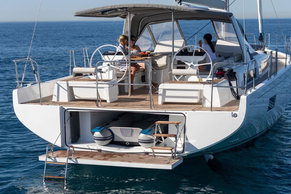 Exterior view of Philia, a Beneteau Oceanis 54 sailboat at es Jonquet, Spain
