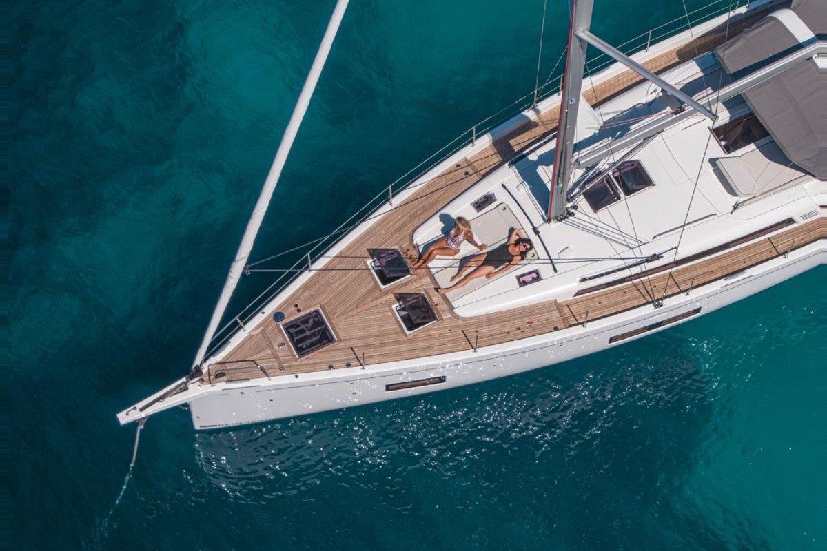 Deck of Philia, a Beneteau Oceanis 54 sailboat at es Jonquet, Spain