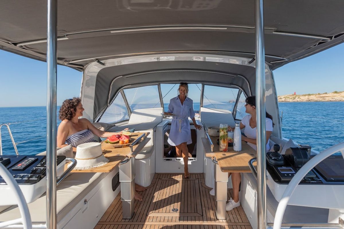 Deck of Philia, a Beneteau Oceanis 54 sailboat at es Jonquet, Spain