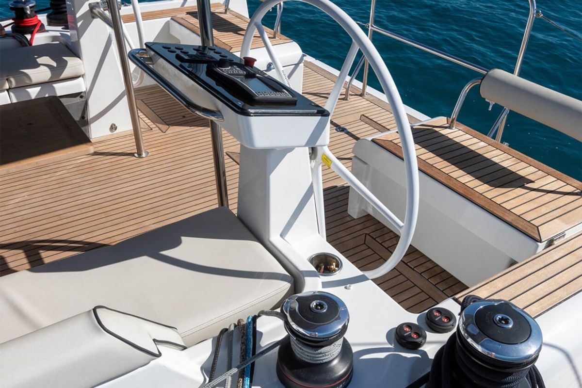 Cockpit of Philia, a Beneteau Oceanis 54 sailboat at es Jonquet, Spain