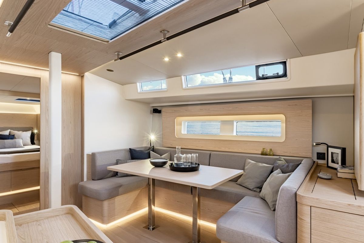 Salon of Philia, a Beneteau Oceanis 54 sailboat at es Jonquet, Spain