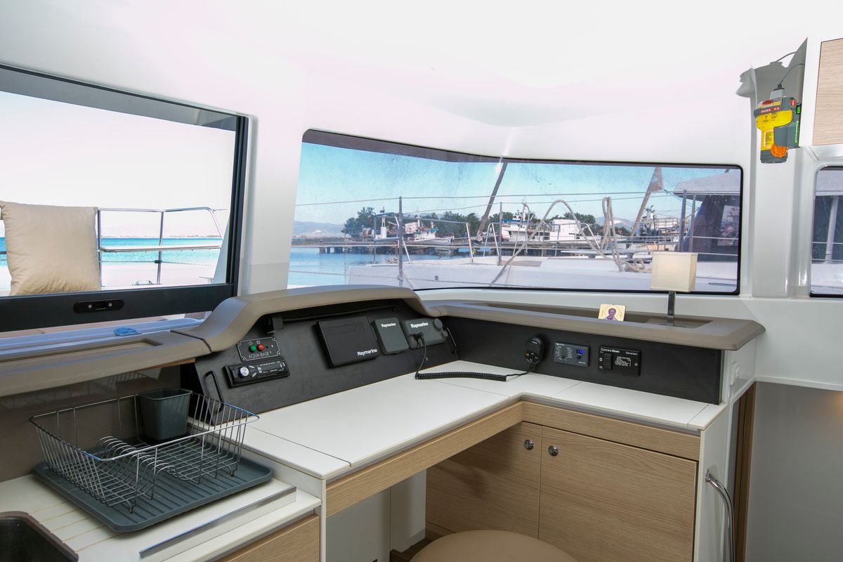 Cockpit of North Cat II, a Bali 4.1 catamaran at Sipias Municipal Unit, Greece