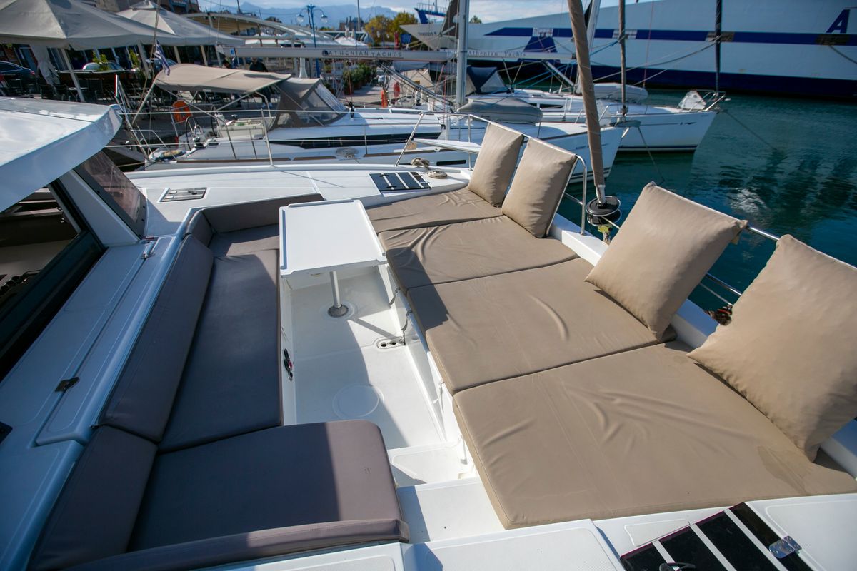 Deck of North Cat II, a Bali 4.1 catamaran at Sipias Municipal Unit, Greece