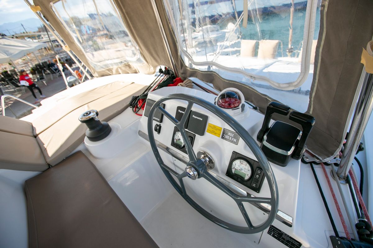 Cockpit of North Cat II, a Bali 4.1 catamaran at Sipias Municipal Unit, Greece