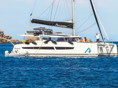 Exterior view of Amante, a Fountaine Pajot Aura 51 catamaran at Municipal Unit of Rhodes, Greece