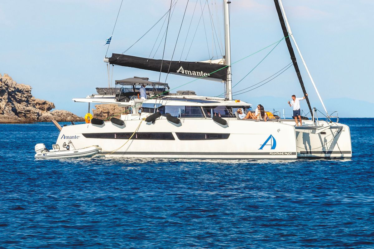 Exterior view of Amante, a Fountaine Pajot Aura 51 catamaran at Municipal Unit of Rhodes, Greece