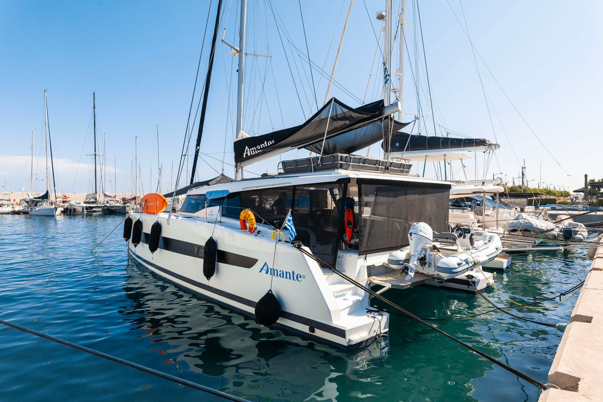 Exterior view of Amante, a Fountaine Pajot Aura 51 catamaran at Municipal Unit of Rhodes, Greece
