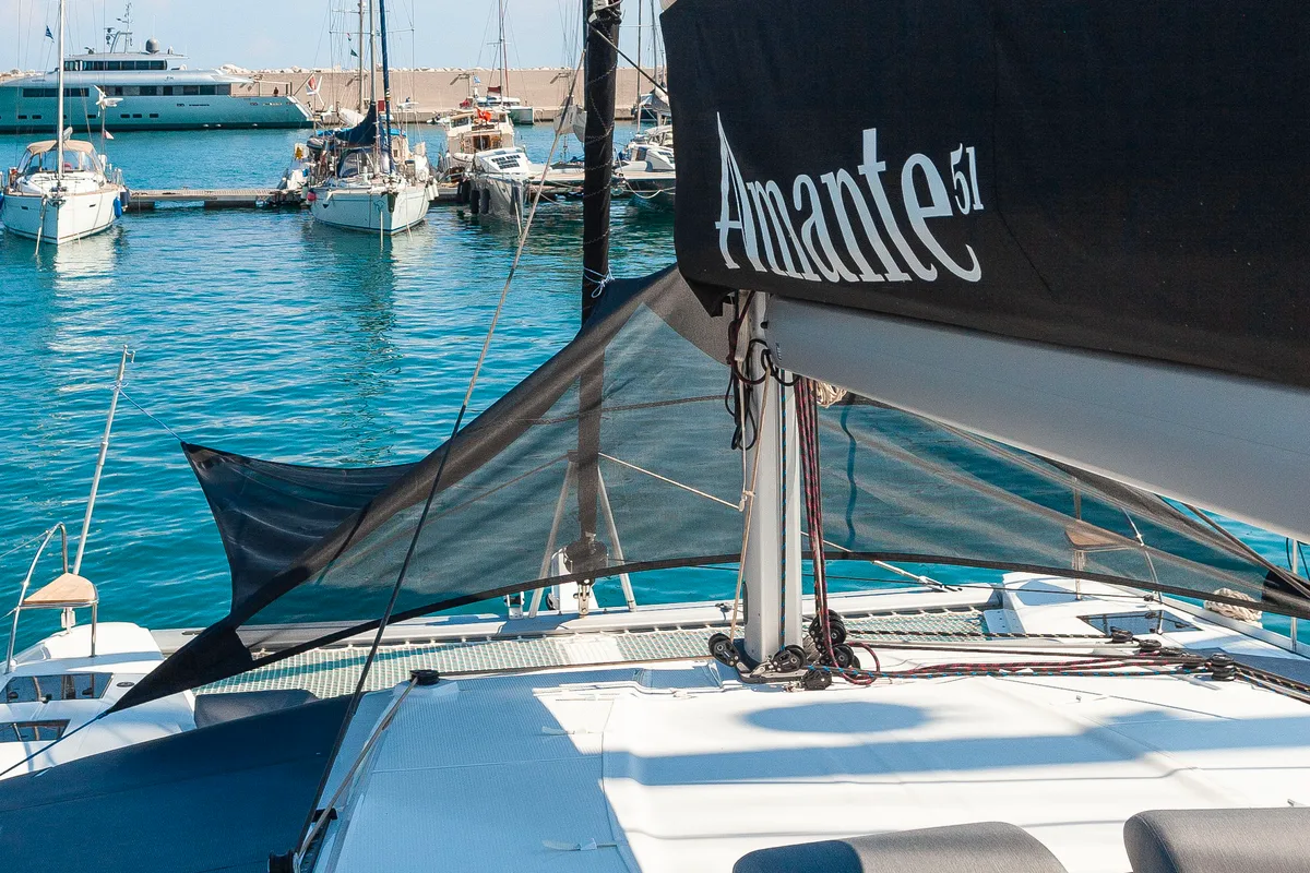 Deck of Amante, a Fountaine Pajot Aura 51 catamaran at Municipal Unit of Rhodes, Greece