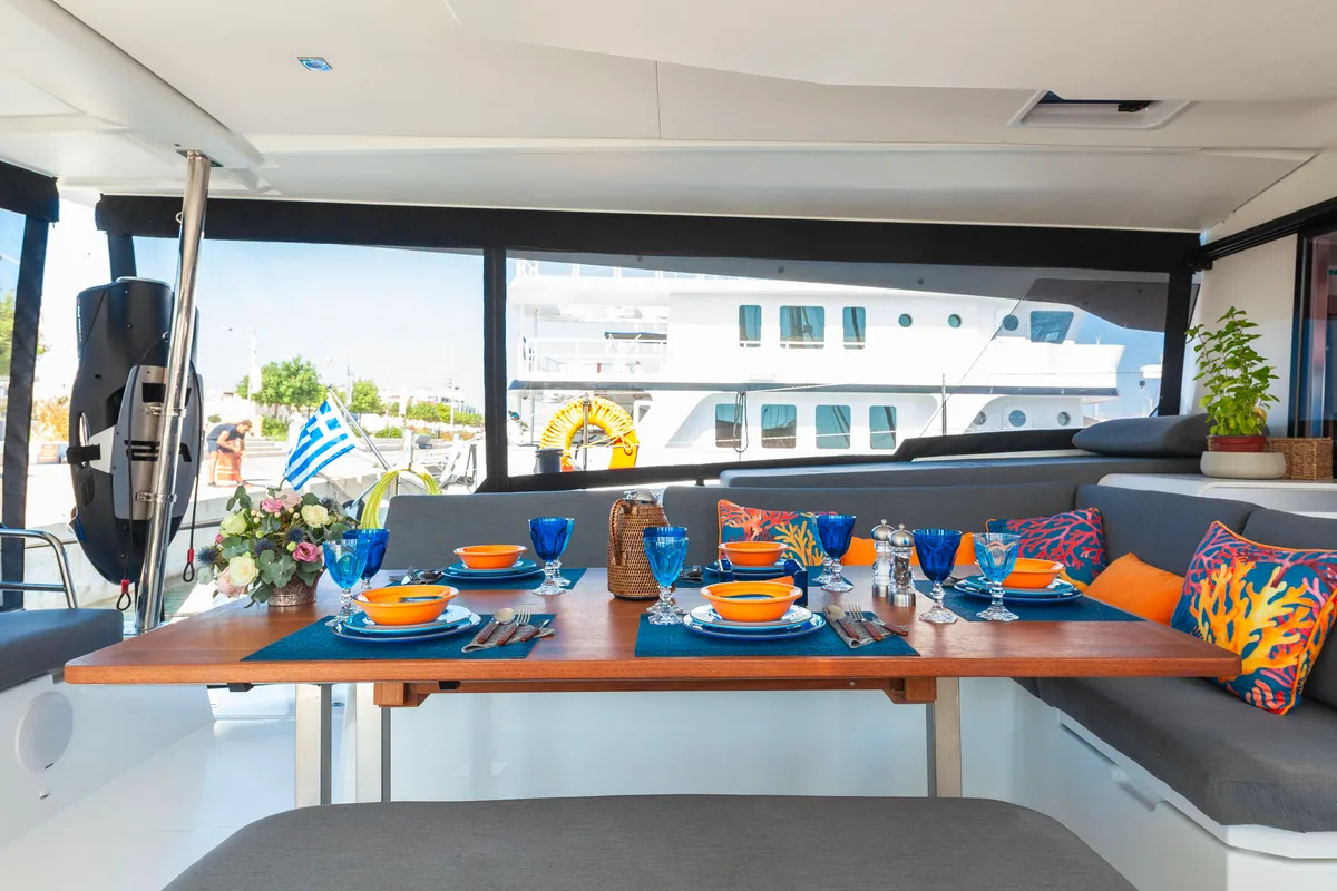 Salon of Amante, a Fountaine Pajot Aura 51 catamaran at Municipal Unit of Rhodes, Greece