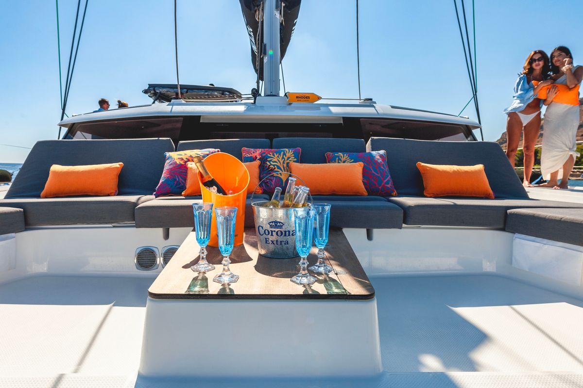 Deck of Amante, a Fountaine Pajot Aura 51 catamaran at Municipal Unit of Rhodes, Greece