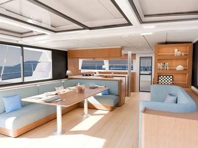 Salon of KOS 52.CAT1, a Bali 5.2 catamaran at Athens, Greece