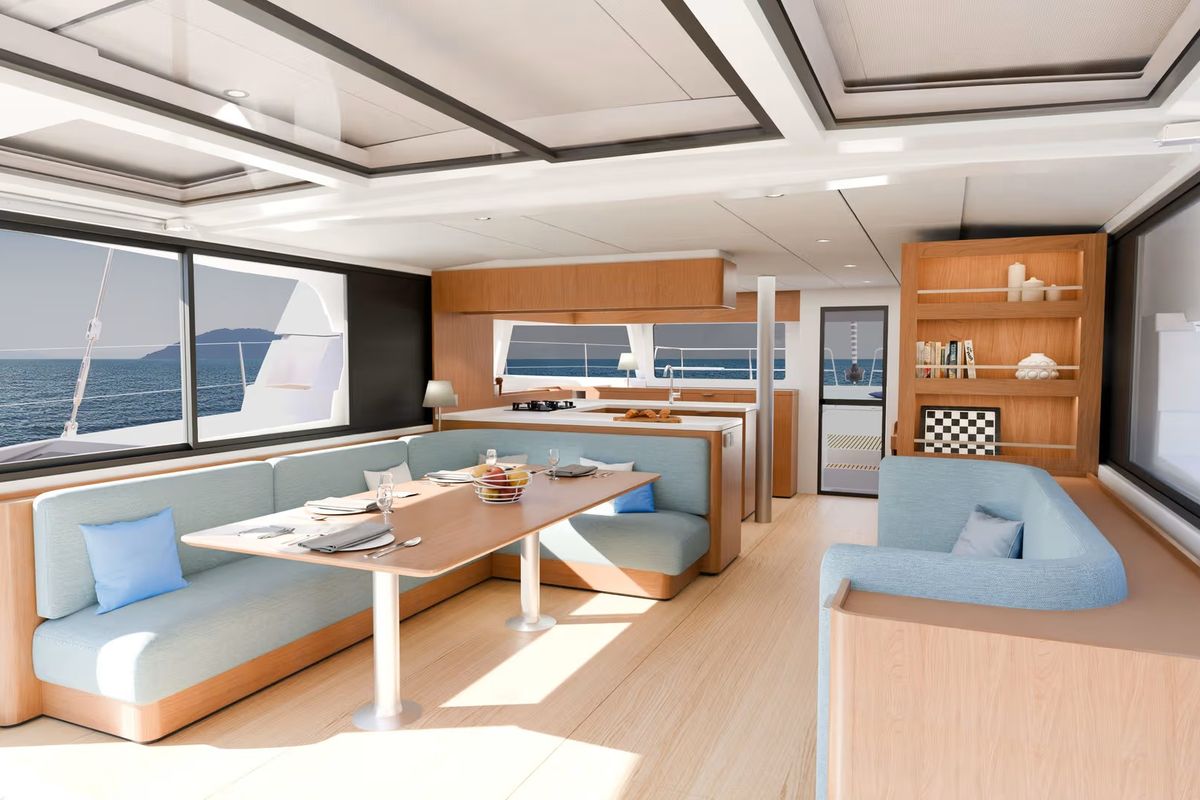 Salon of KOS 52.CAT1, a Bali 5.2 catamaran at Athens, Greece