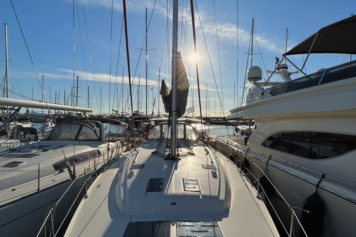 Deck of Leonidas VI, a Bavaria Cruiser 51 sailboat at Athens, Greece